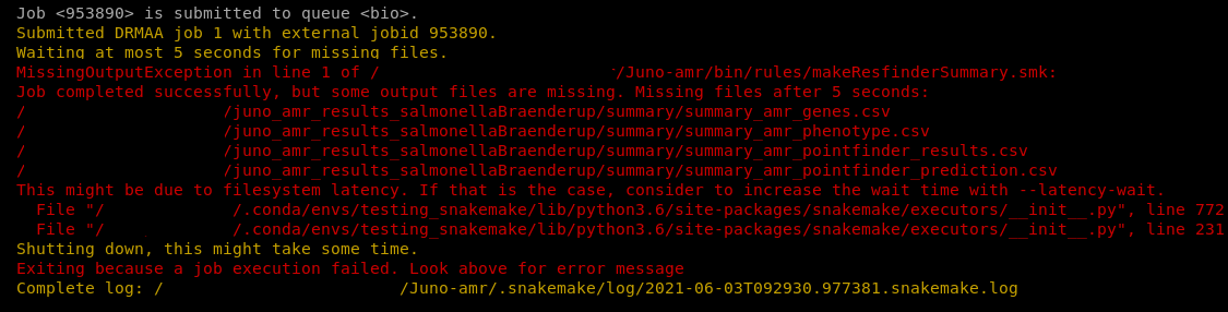 Screenshot of the Juno AMR pipeline in the terminal. The pipeline failed on one of the steps. The red text shows an error message.
