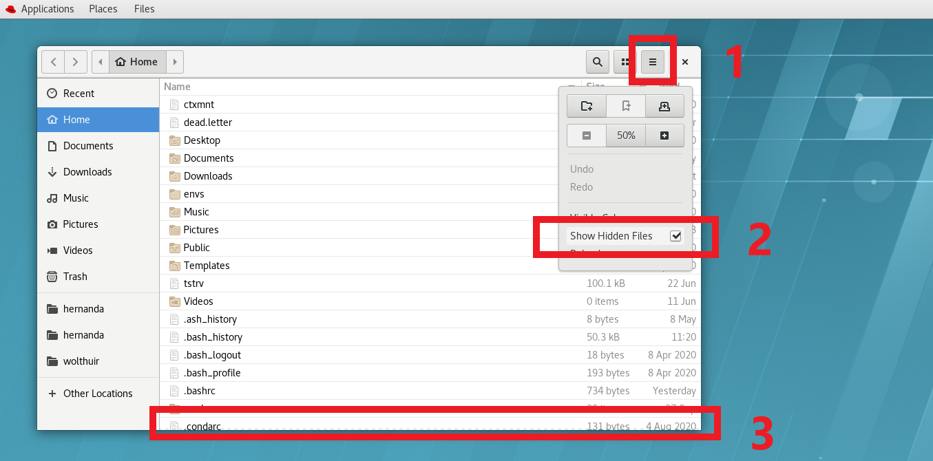 To find the .condarc file you first need to go to the menu of Places (1), then check the box to Show Hidden Files (2) and finally look for the .condarc file (3)