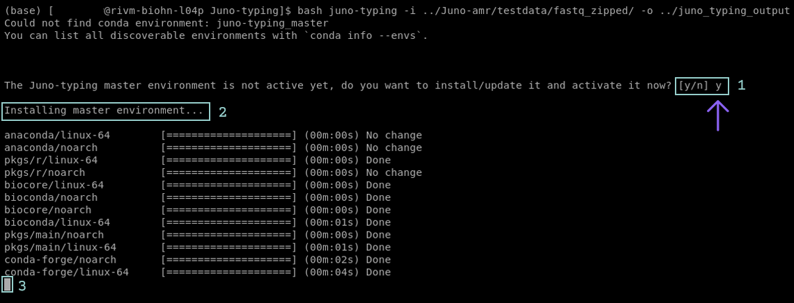 Screenshot of the Juno-typing pipeline in the terminal. The pipeline asks to create an environment(step 1). User input is required. To proceed the pipeline press y followed by enter. If executed correctly the pipeline will now show that it is creating the environment(step 2). The blinking box at the bottom indicates that the pipeline is still installing/updating(step 3).